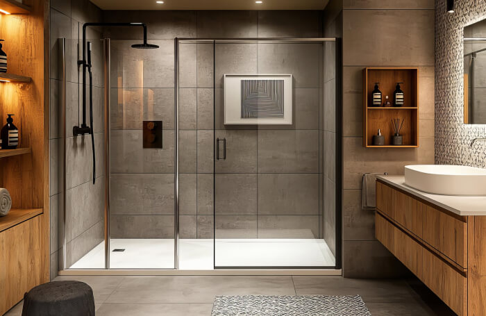 bathroom with wooden furniture